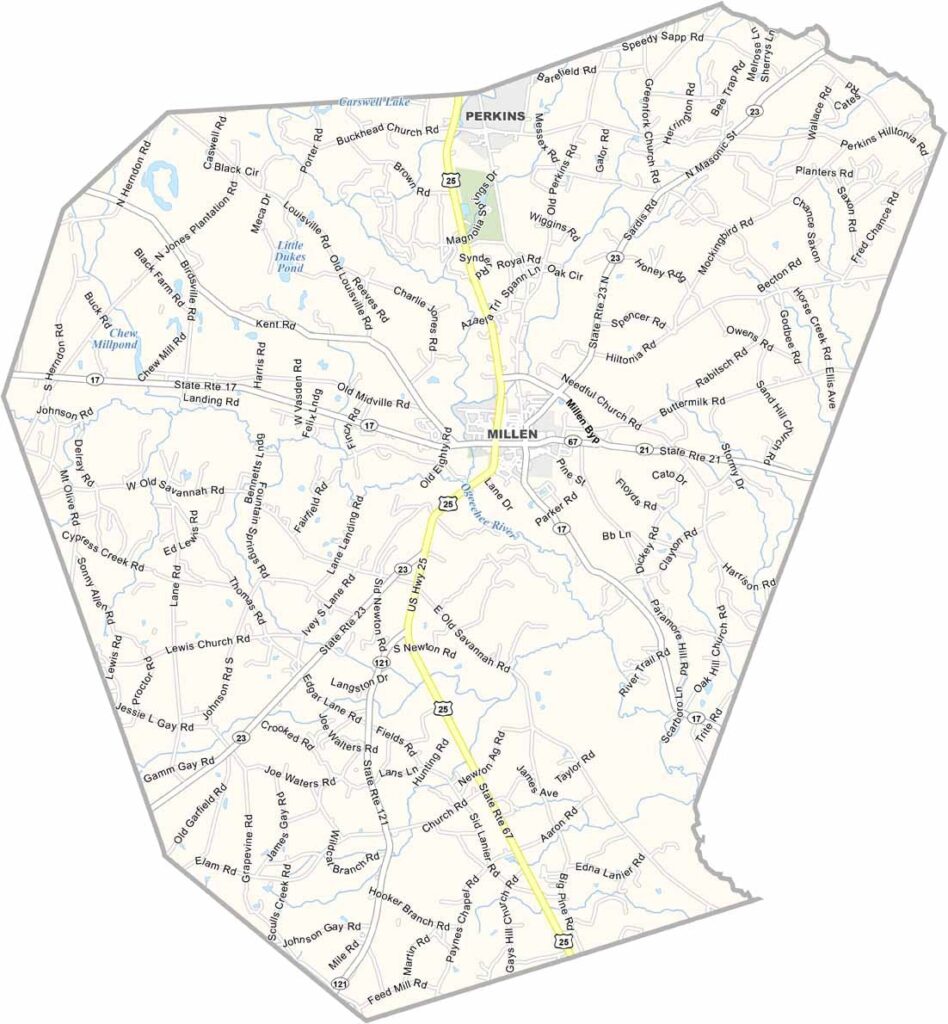 Jenkins County map showing towns and roads in Georgia.