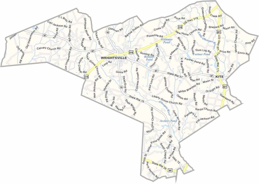 Johnson County map showing towns and roads in Georgia.