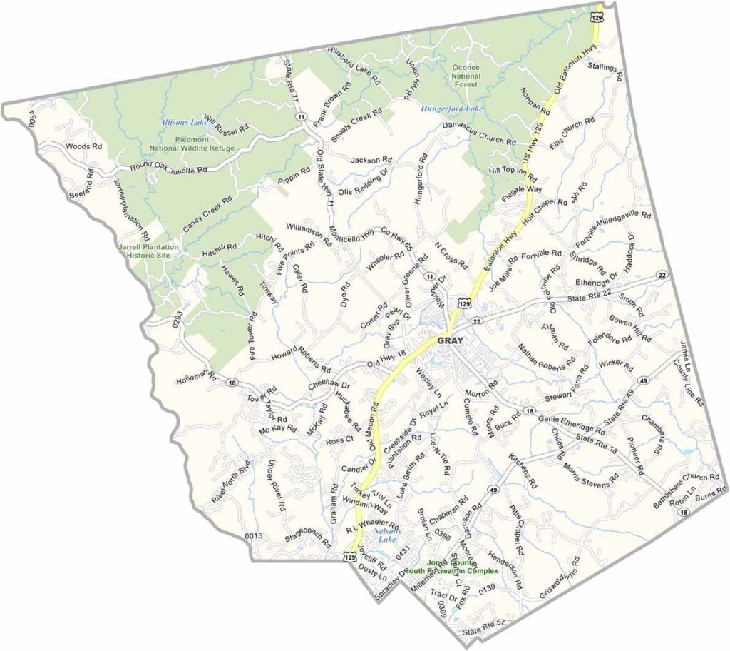 Jones County map showing towns and roads in Georgia.