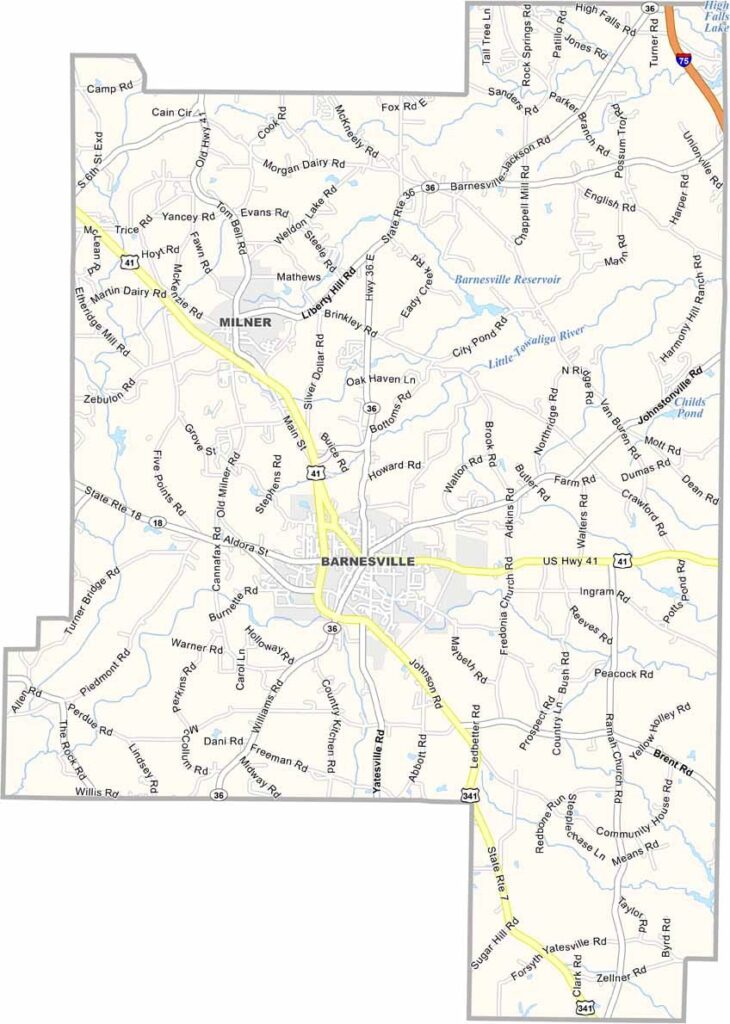 Lamar County map showing towns and roads in Georgia.