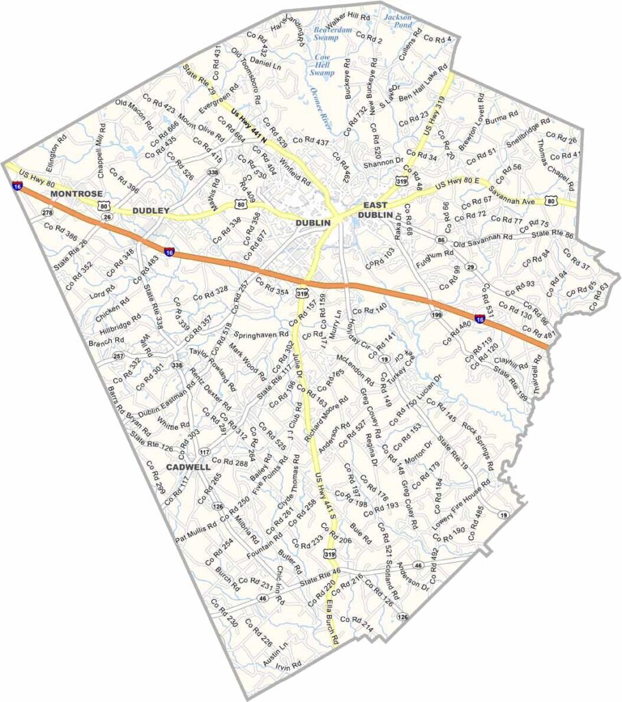 Laurens County map showing towns and roads in Georgia.