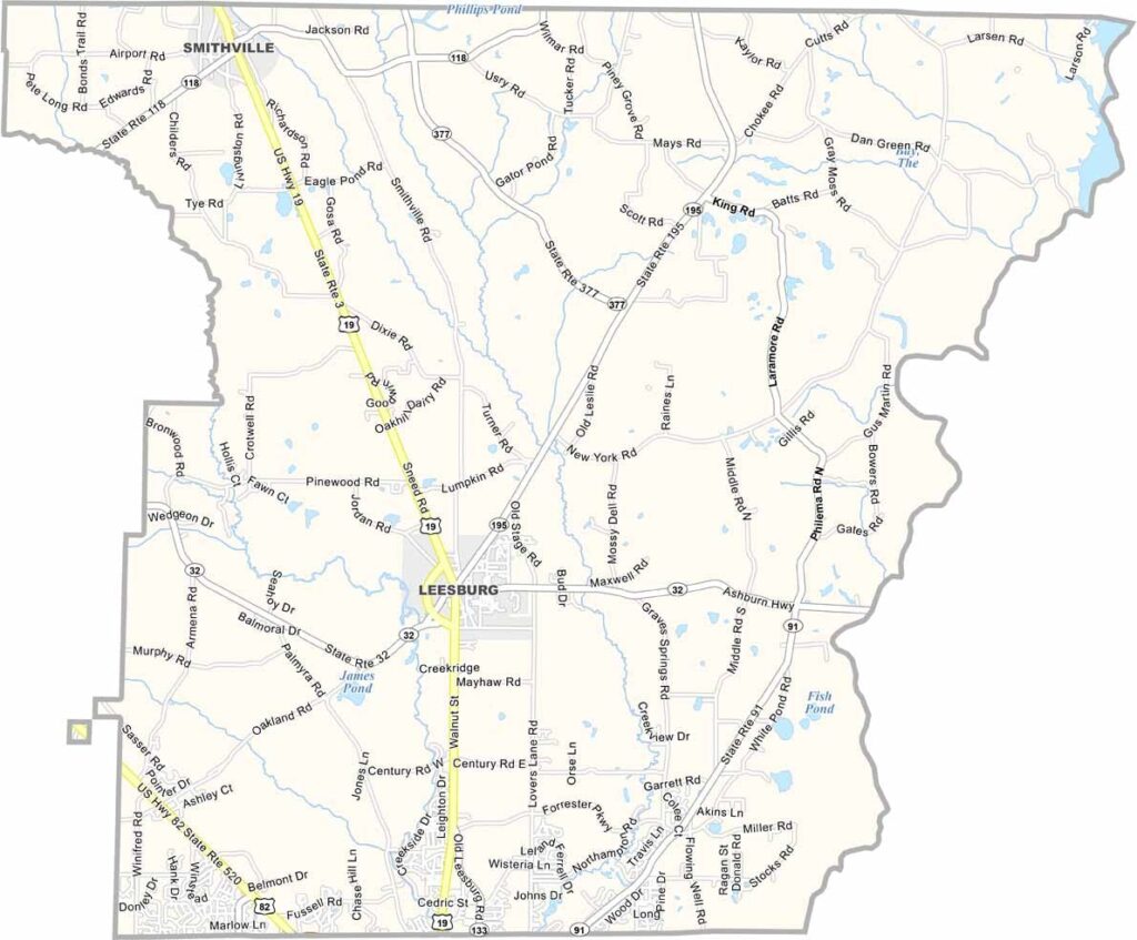 Lee County map showing towns and roads in Georgia.