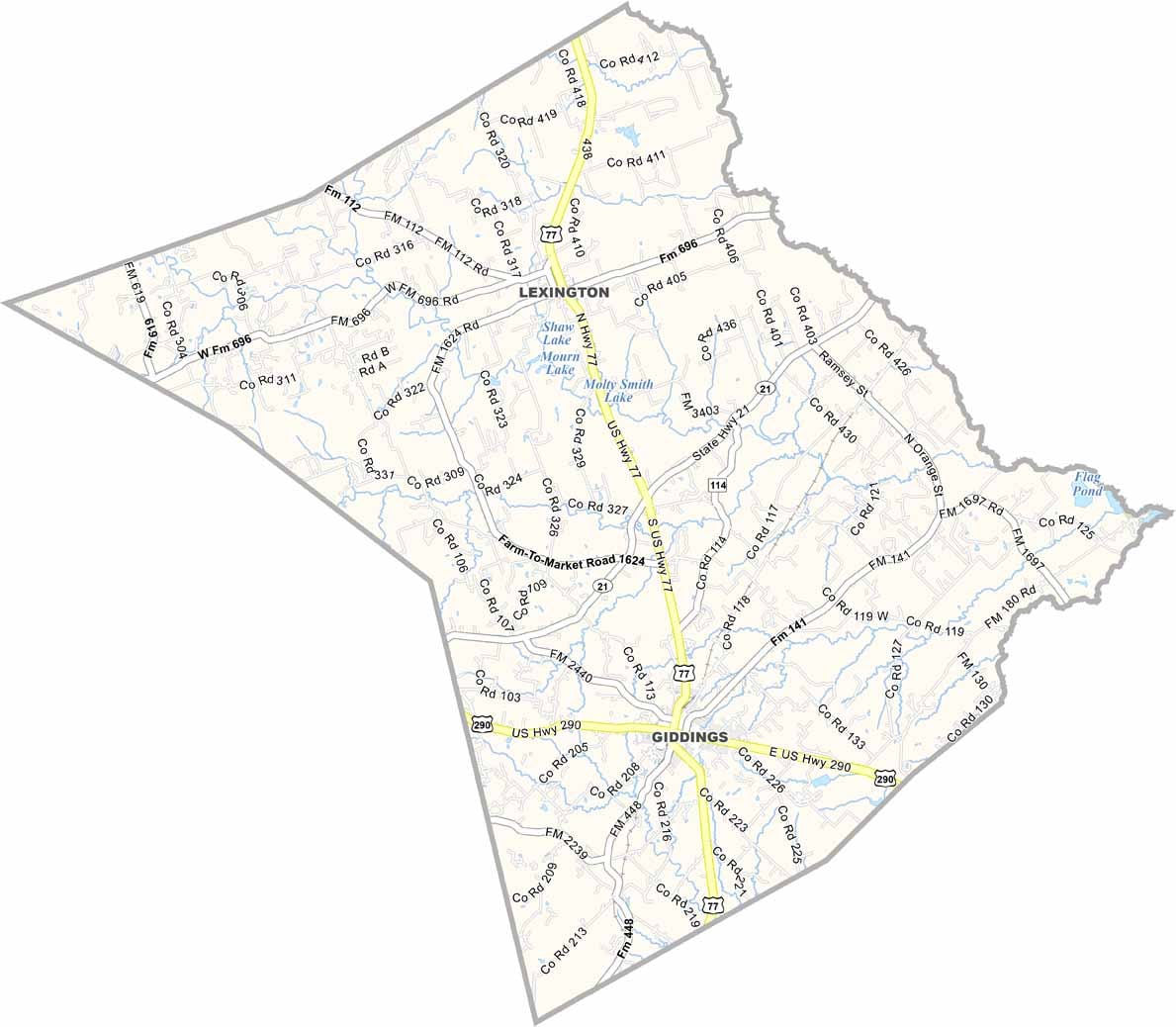 Lee County map showing towns, roads, and geographic features in Texas.