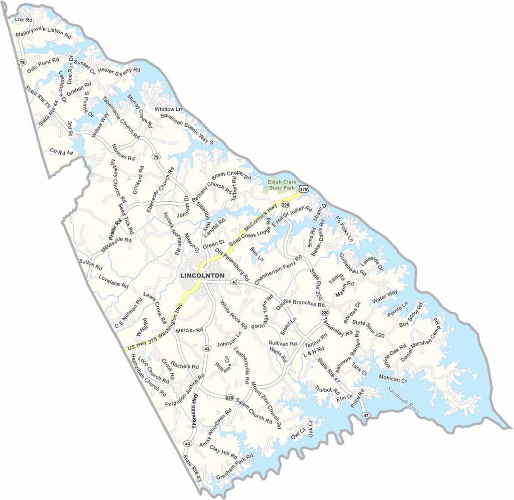 Lincoln County map showing towns and roads in Georgia.