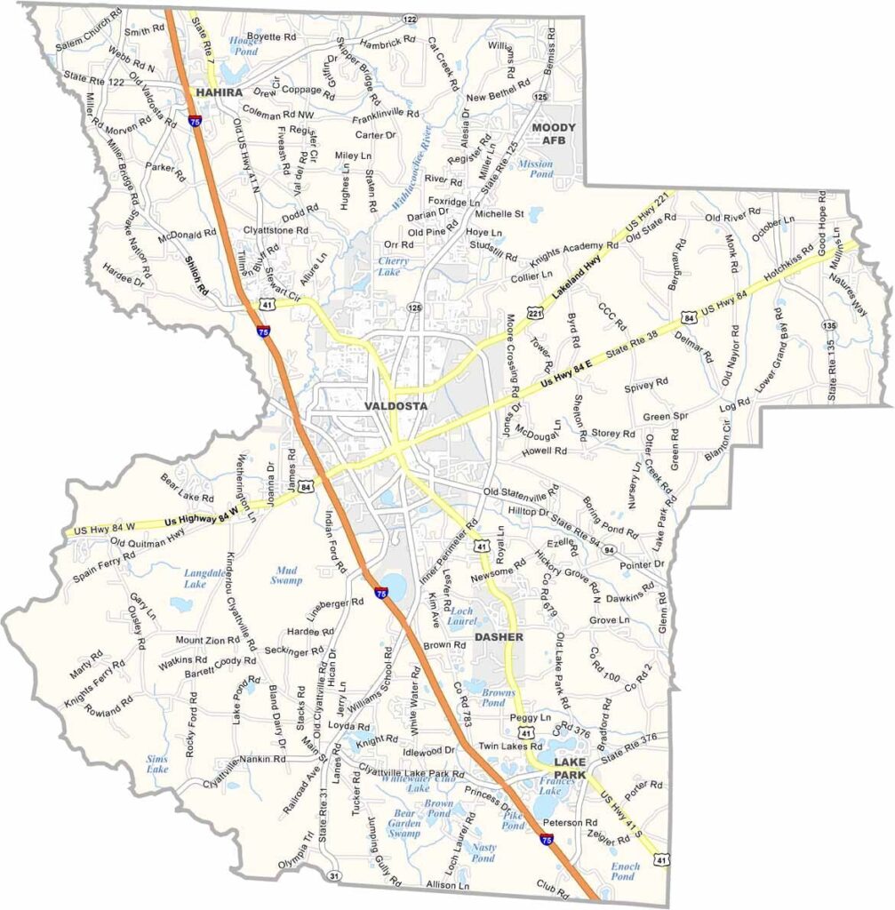 Lowndes County map showing towns and roads in Georgia.