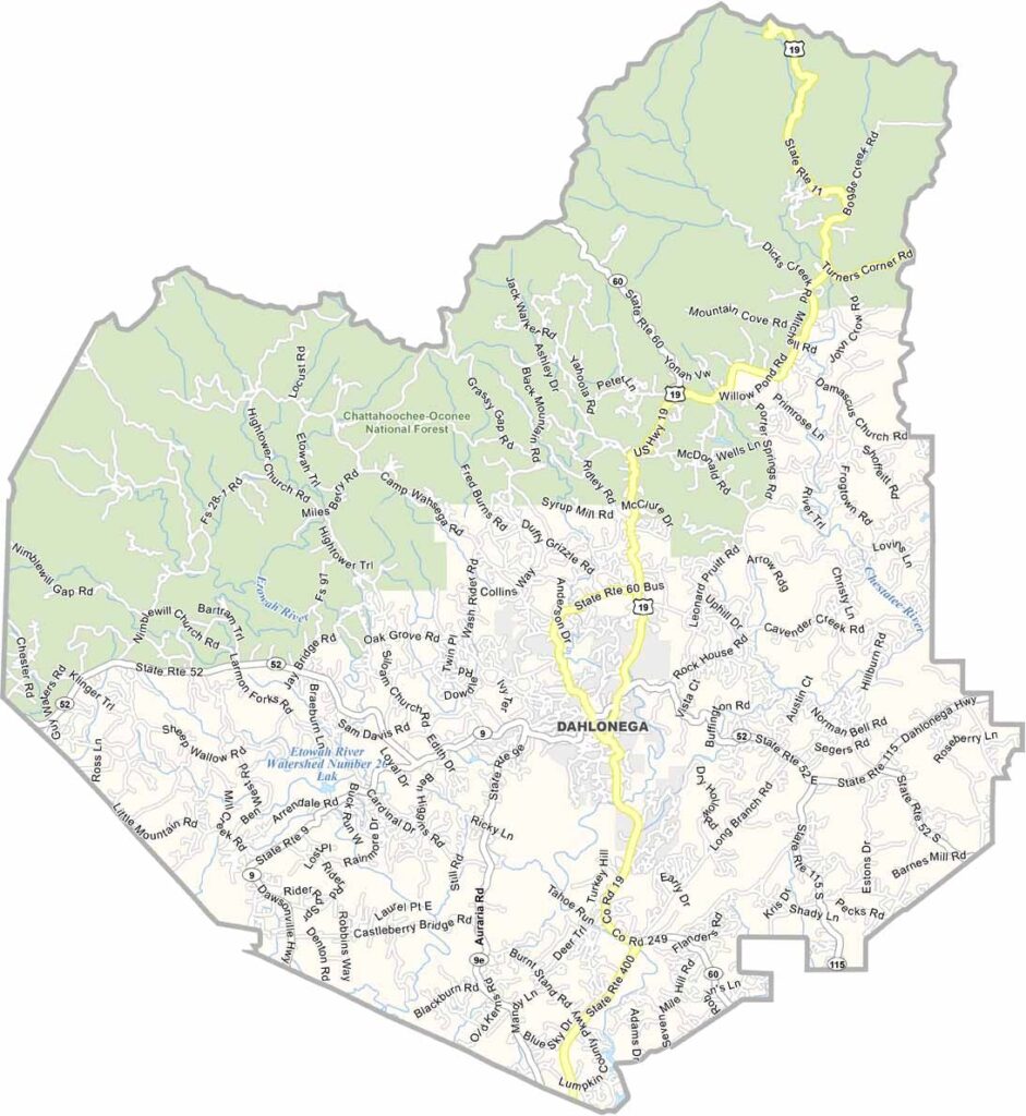 Lumpkin County map showing towns and roads in Georgia.
