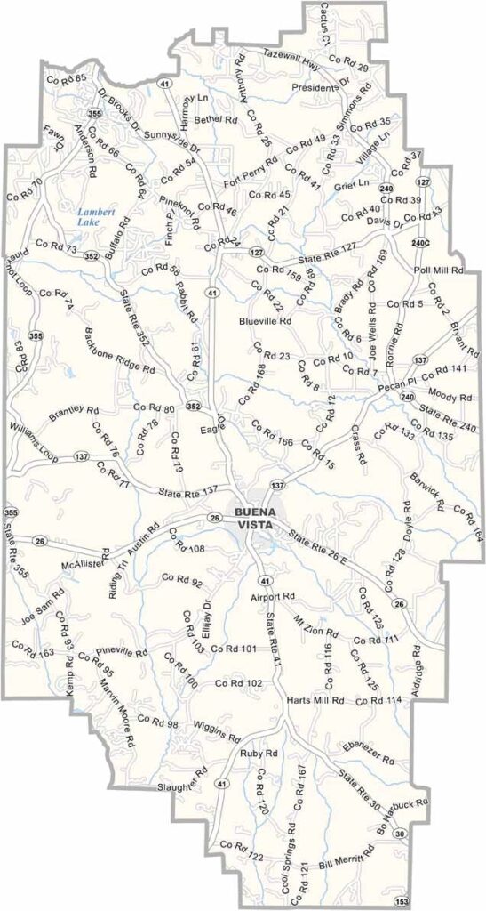 Marion County map showing towns and roads in Georgia.