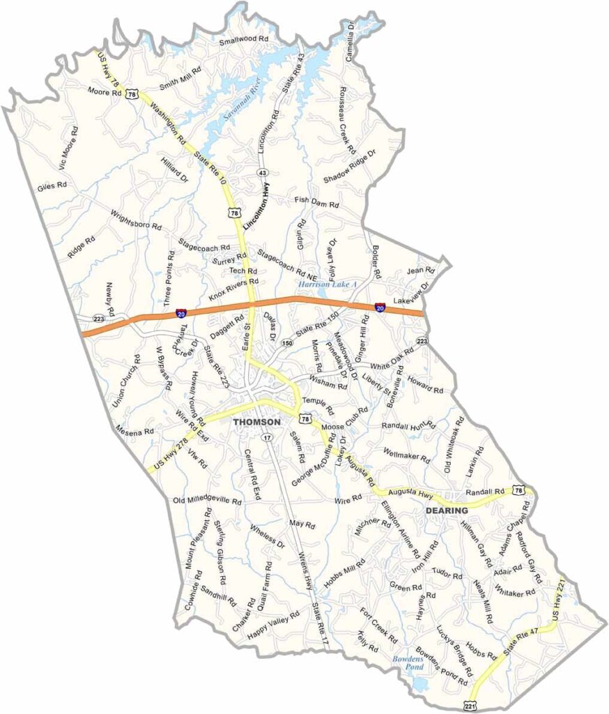 McDuffie County map showing towns and roads in Georgia.