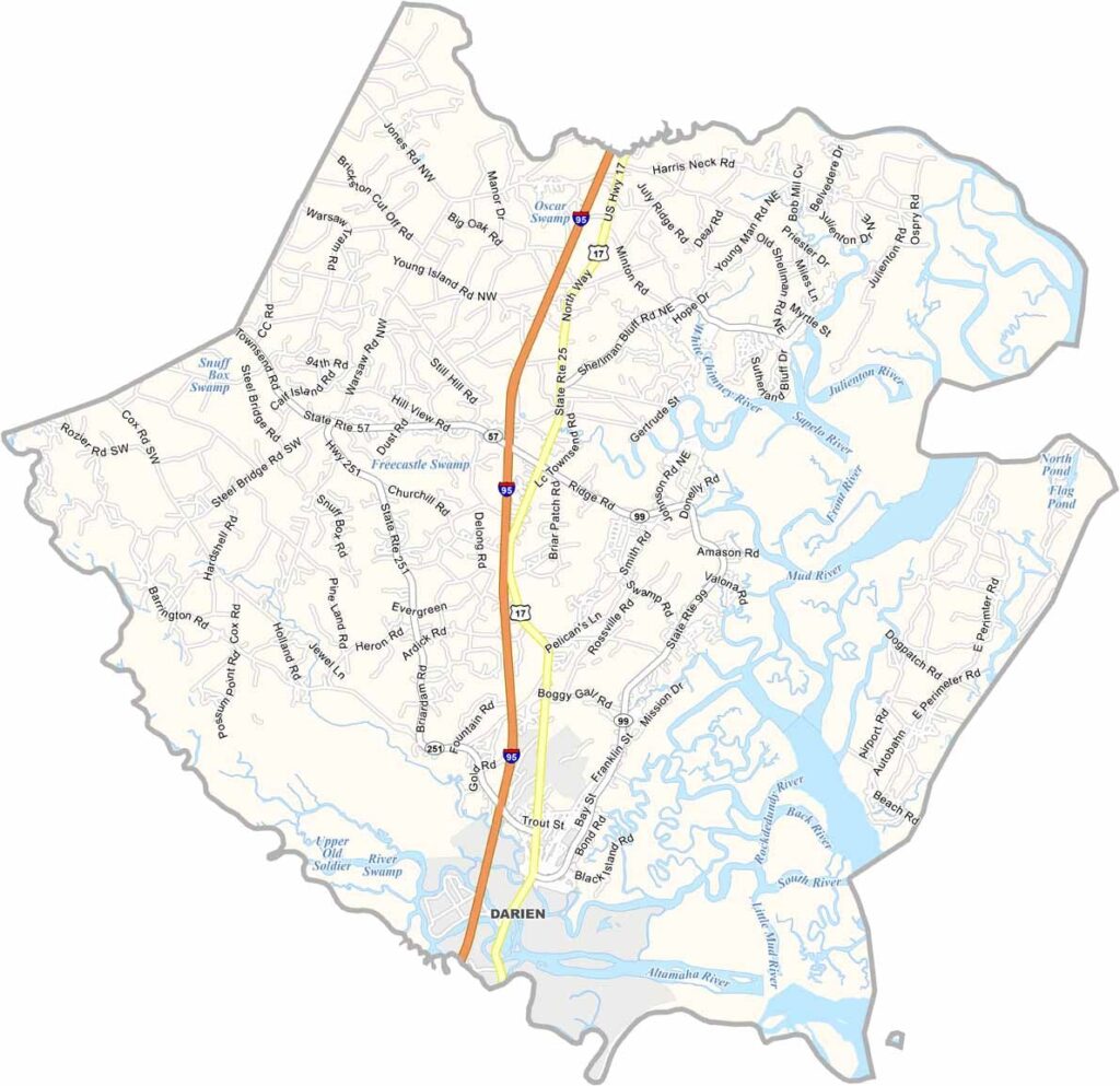 McIntosh County map showing towns and roads in Georgia.