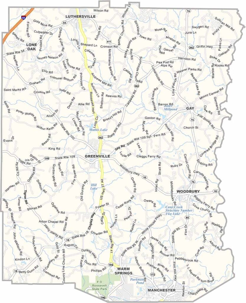 Meriwether County map showing towns and roads in Georgia.
