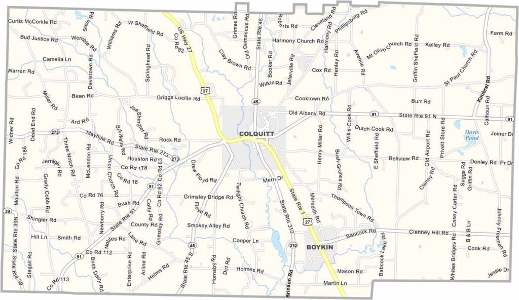 Miller County map showing towns and roads in Georgia.