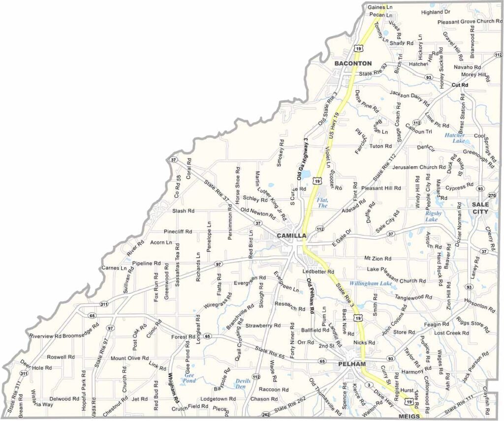 Mitchell County map showing towns and roads in Georgia.