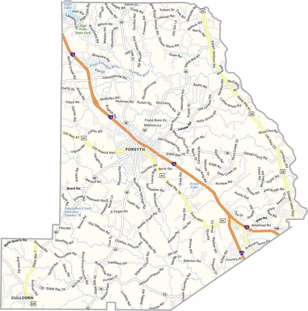 Monroe County map showing towns and roads in Georgia.