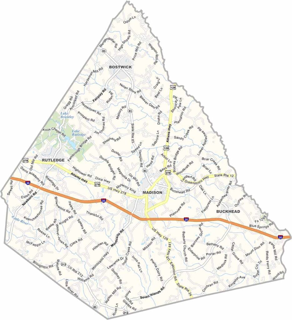 Morgan County map showing towns and roads in Georgia.