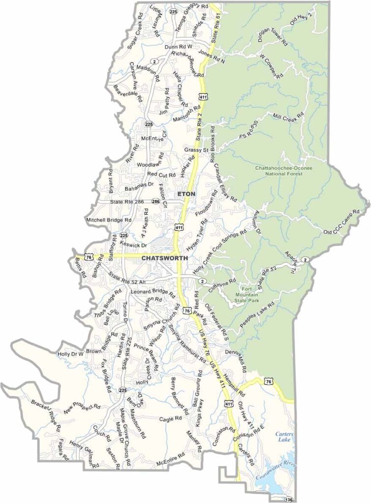 Murray County map showing towns and roads in Georgia.