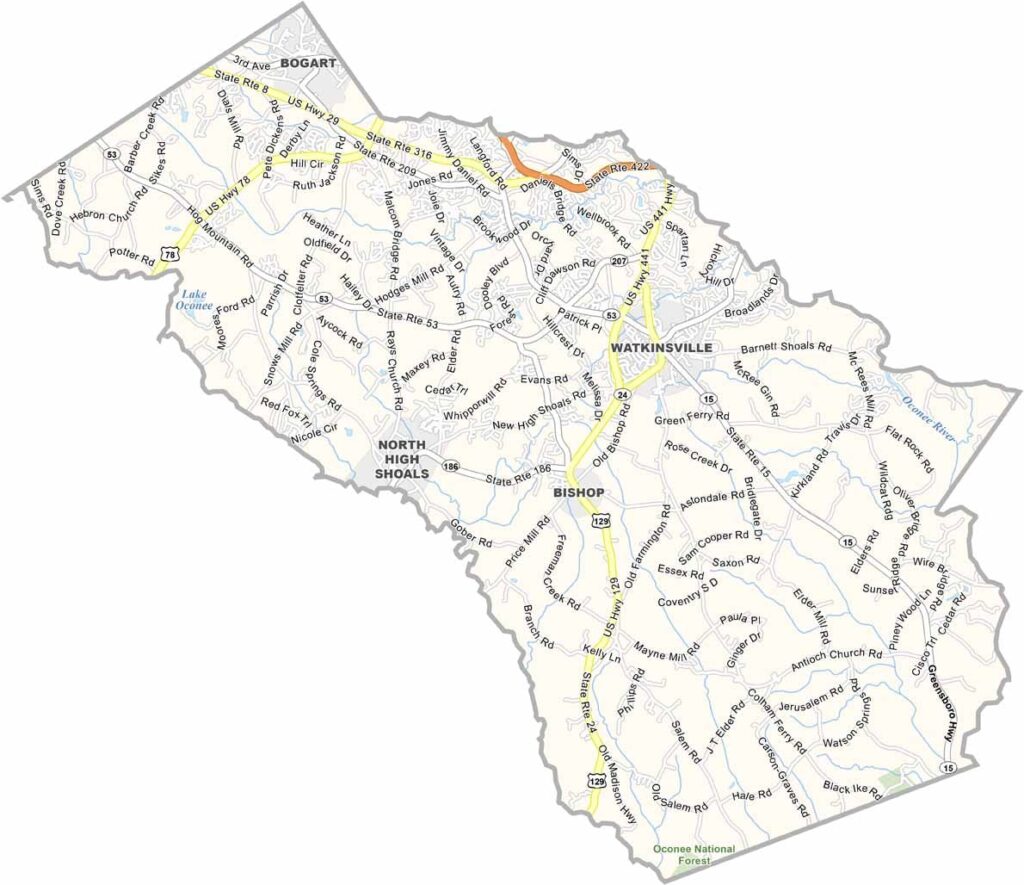 Oconee County map showing towns and roads in Georgia.