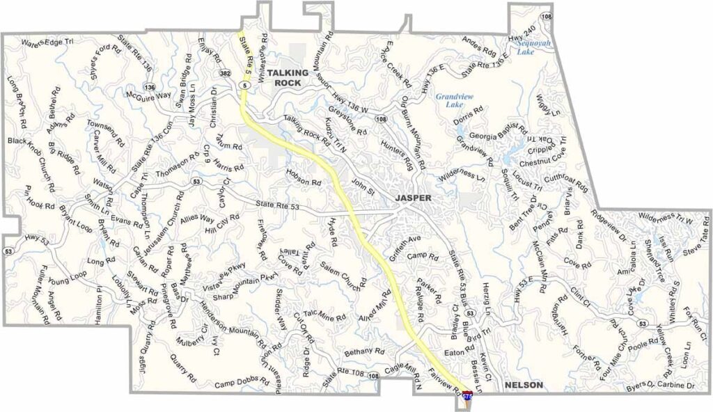 Pickens County map showing towns and roads in Georgia.