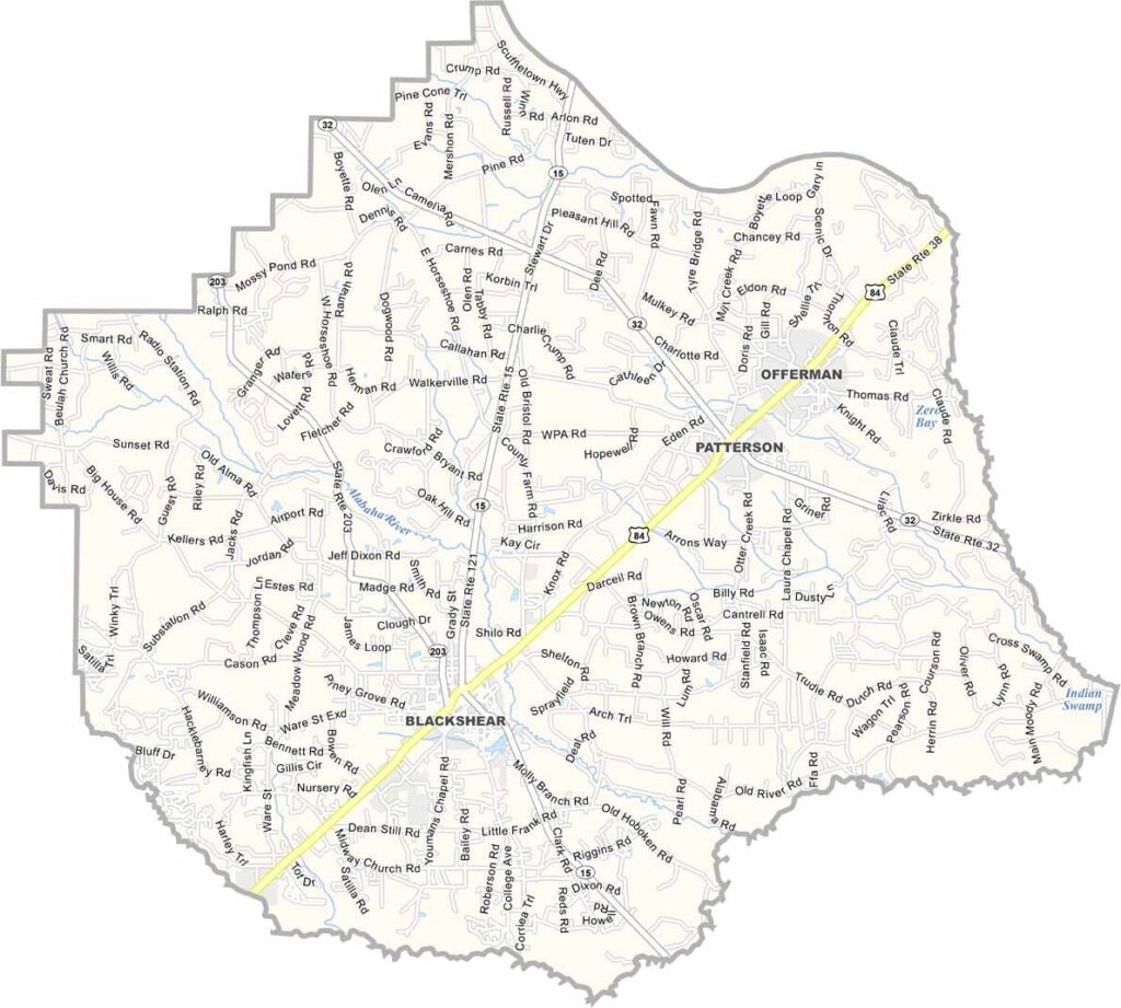 Pierce County map showing towns and roads in Georgia.