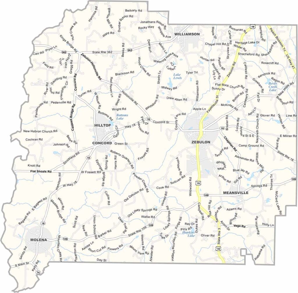 Pike County map showing towns and roads in Georgia.