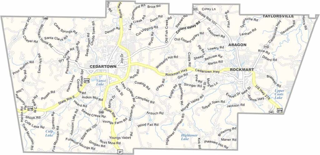 Polk County map showing towns and roads in Georgia.
