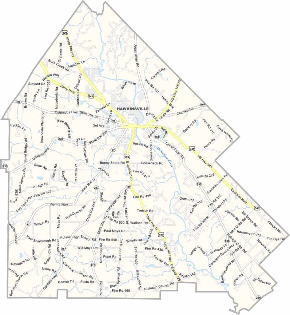 Pulaski County map showing towns and roads in Georgia.