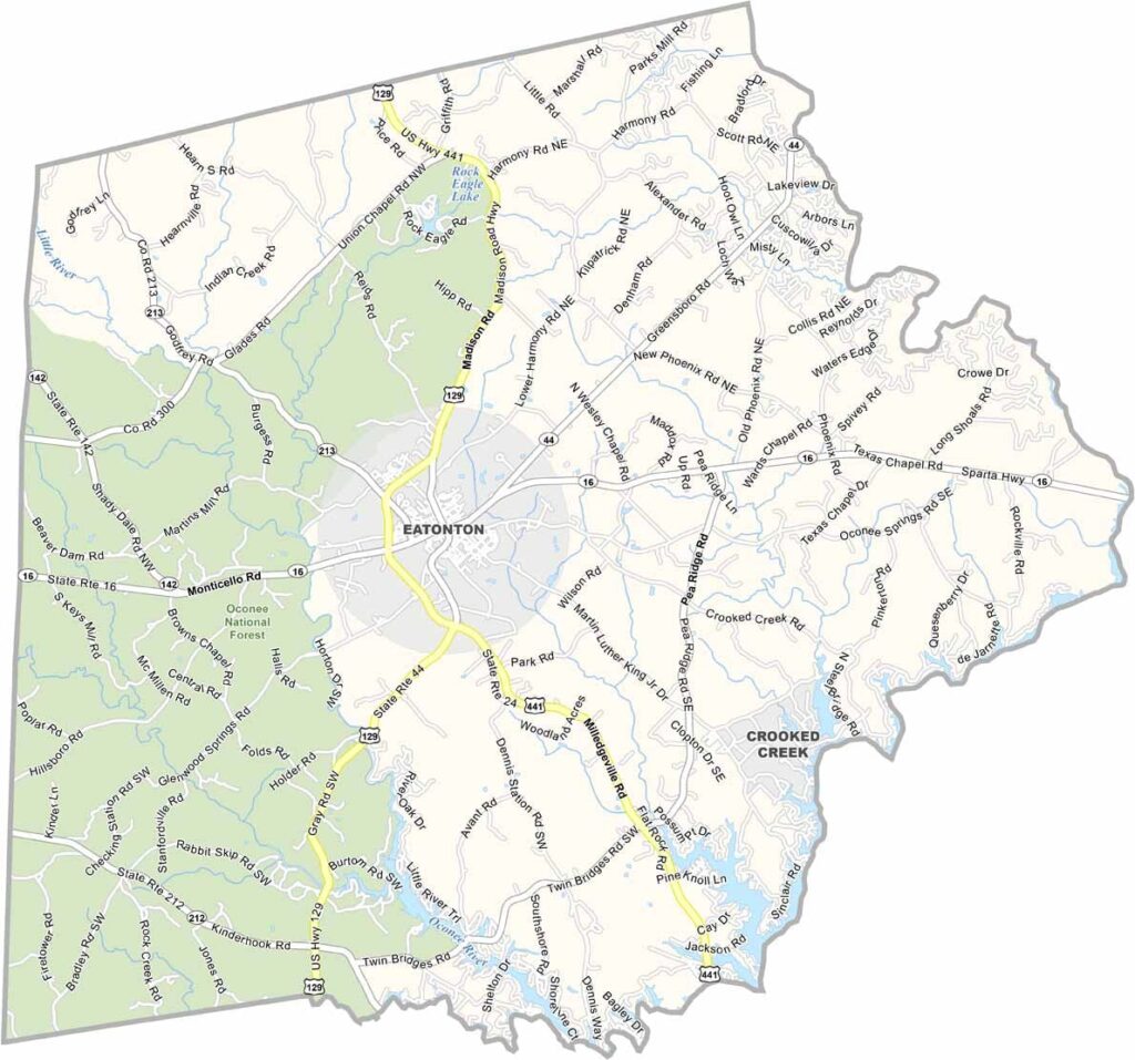 Putnam County map showing towns and roads in Georgia.