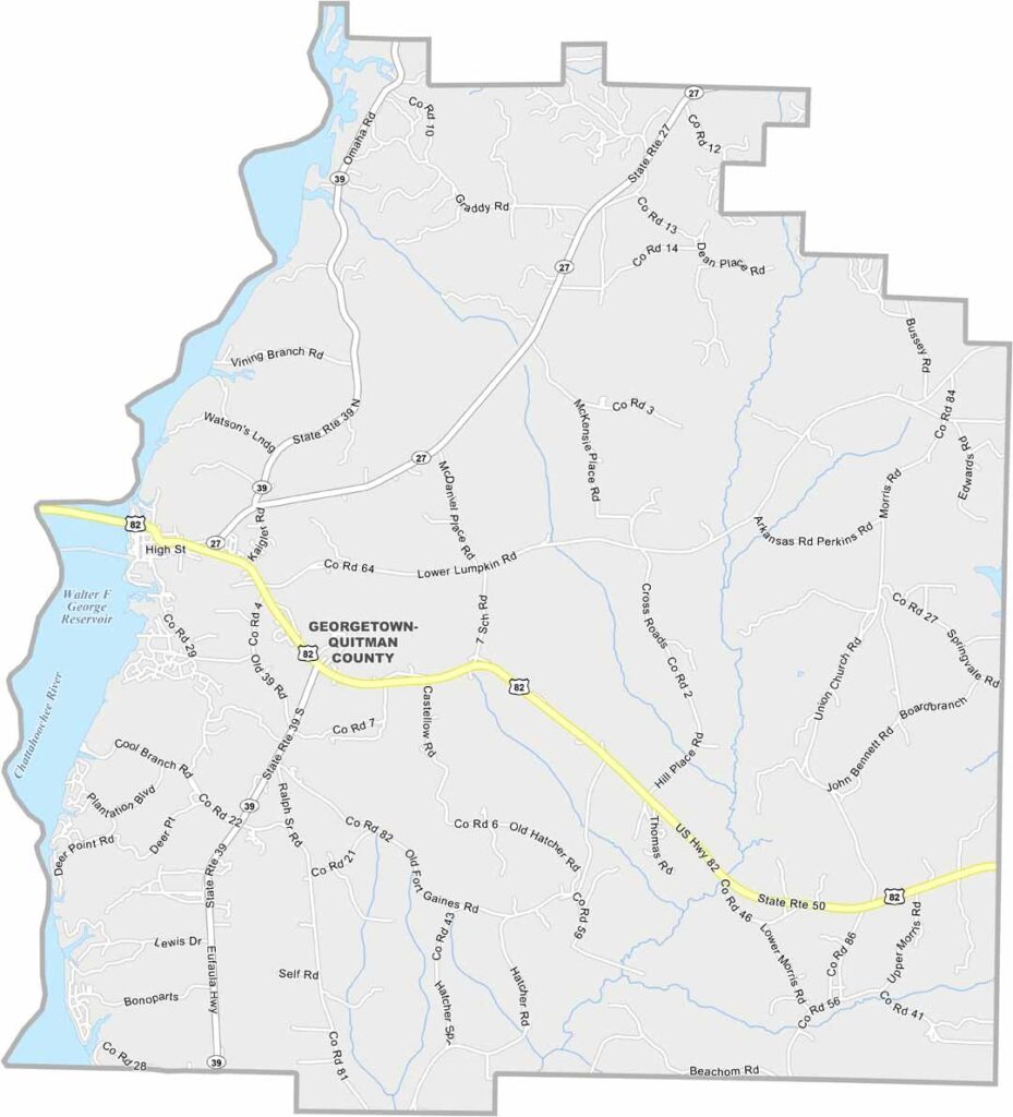 Quitman County map showing towns and roads in Georgia.