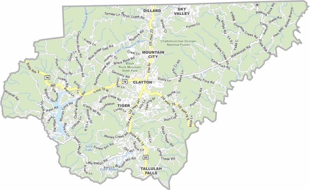 Rabun County map showing towns and roads in Georgia.