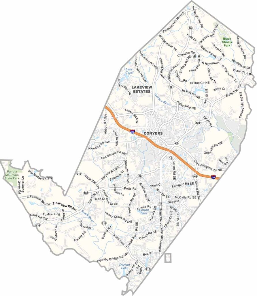 Rockdale County map showing towns and roads in Georgia.