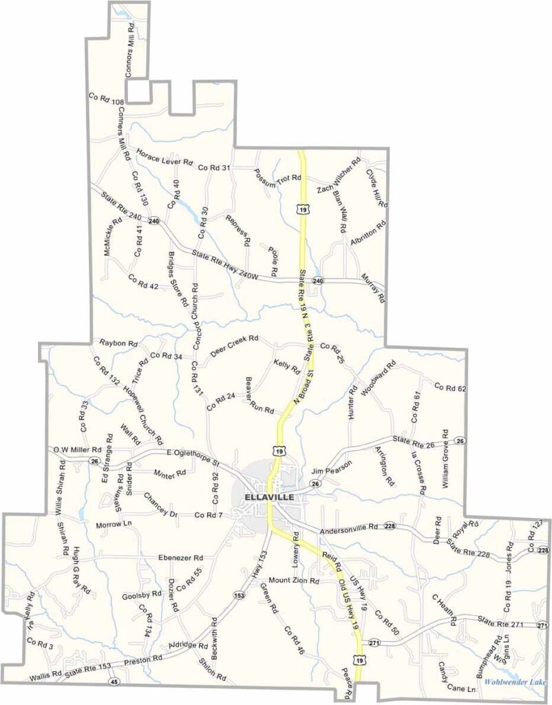 Schley County map showing towns and roads in Georgia.