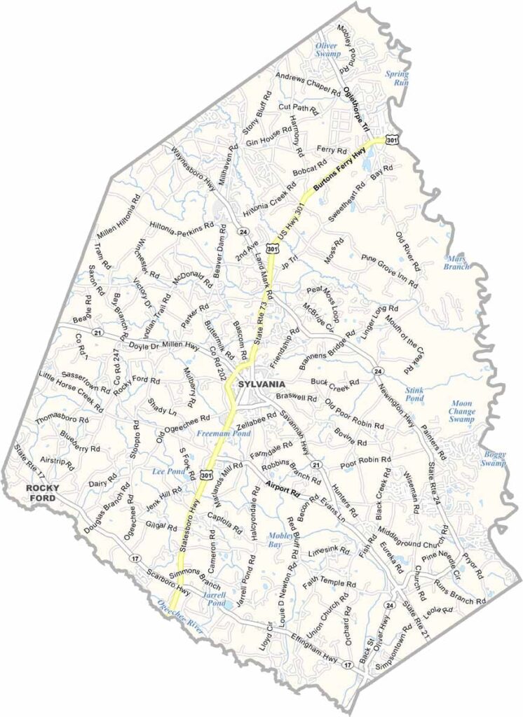 Screven County map showing towns and roads in Georgia.