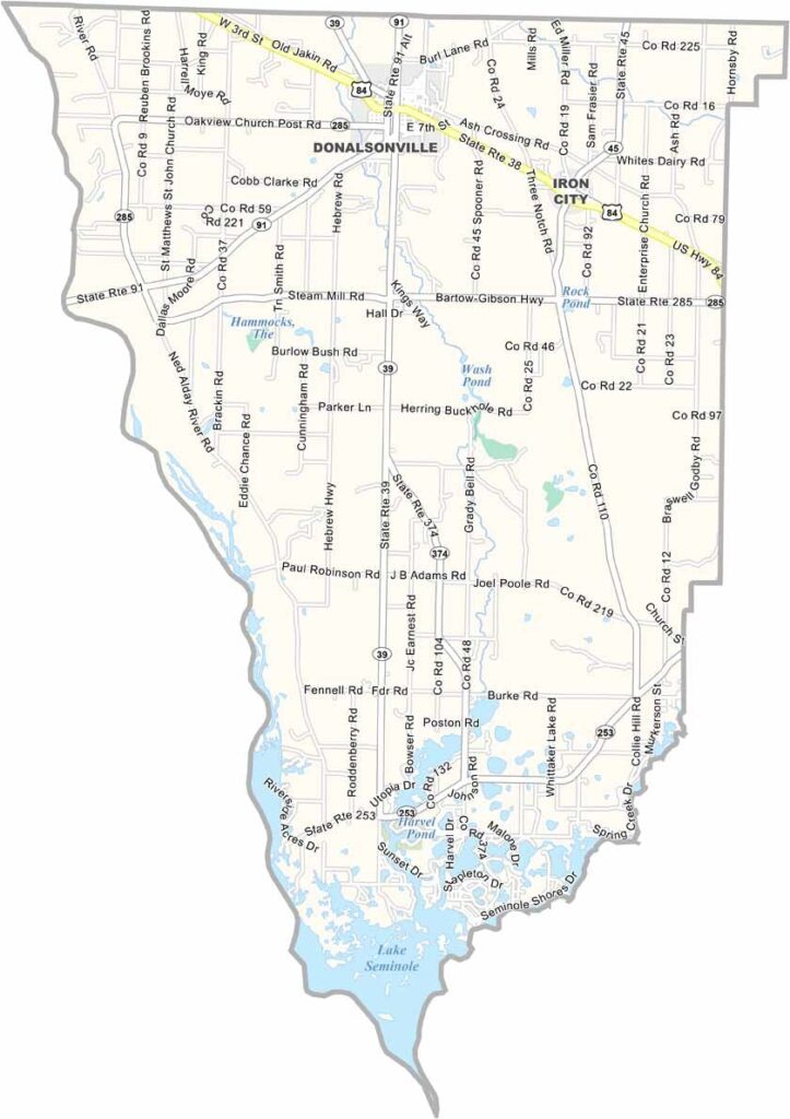 Seminole County map showing towns and roads in Georgia.