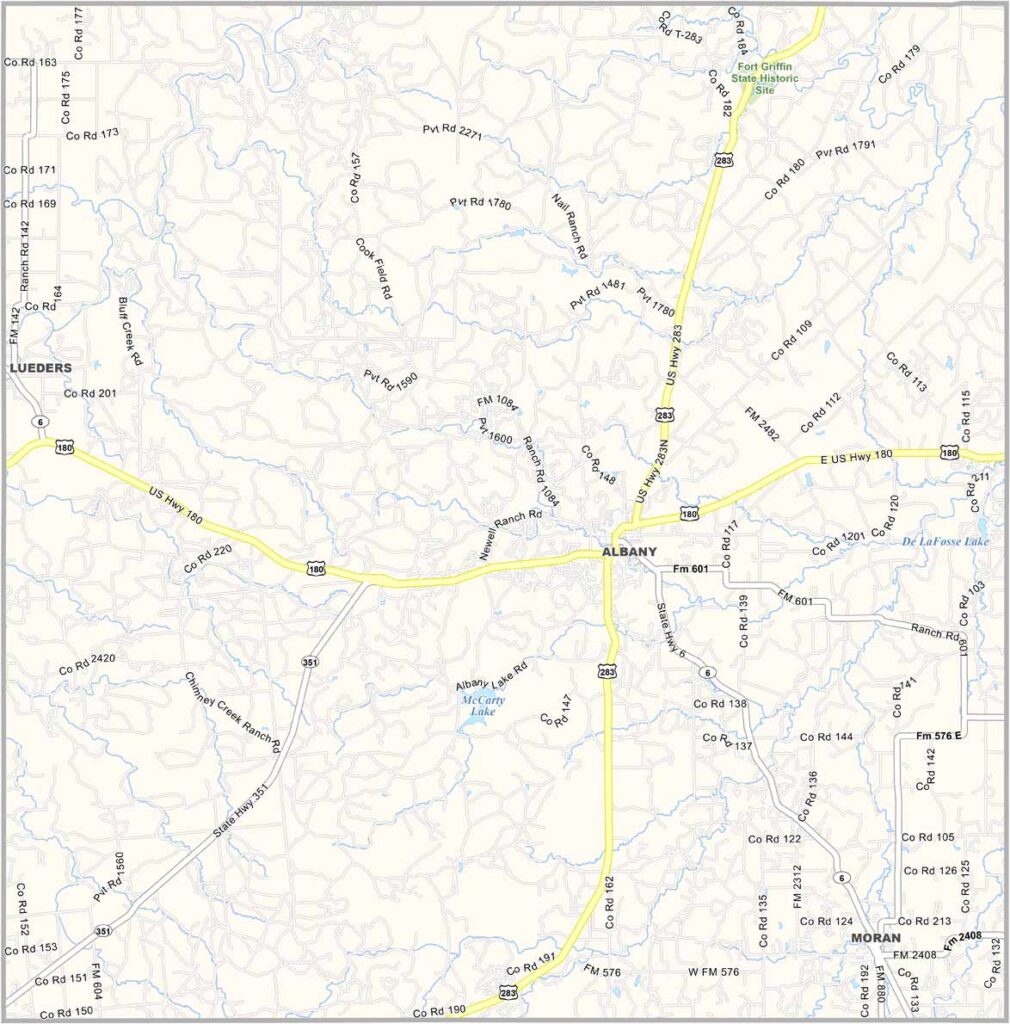 Shackelford County map showing towns, roads, and geographic features in Texas.
