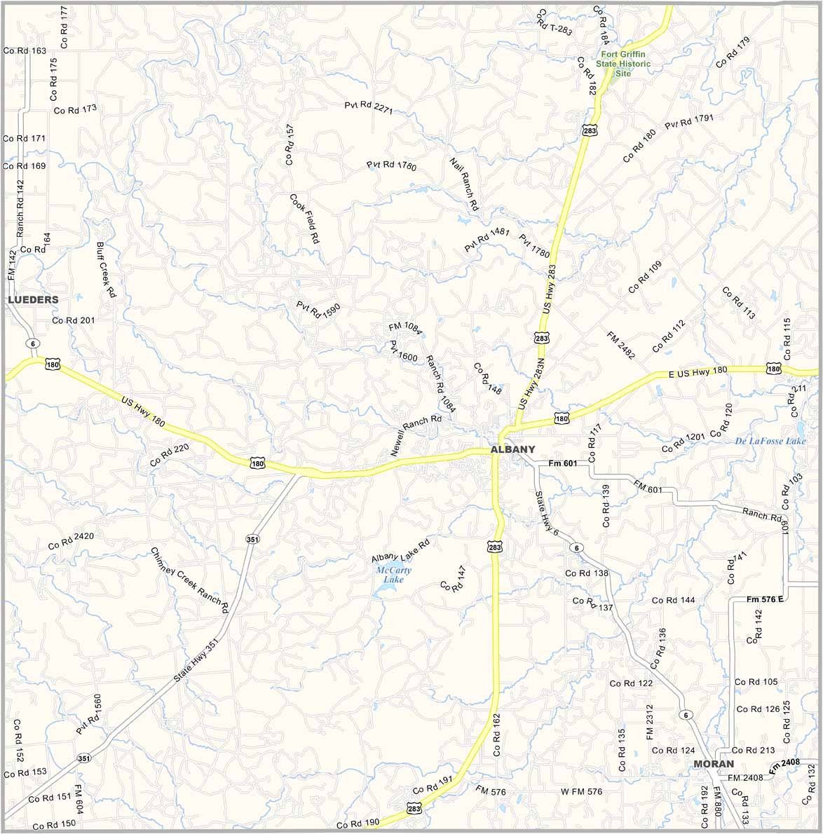 Shackelford County map showing towns, roads, and geographic features in Texas.