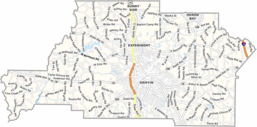 Spalding County map showing towns and roads in Georgia.