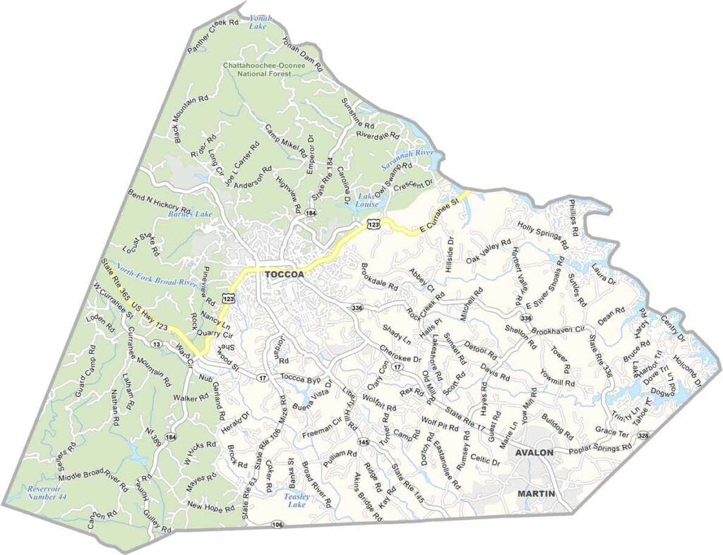 Stephens County map showing towns and roads in Georgia.