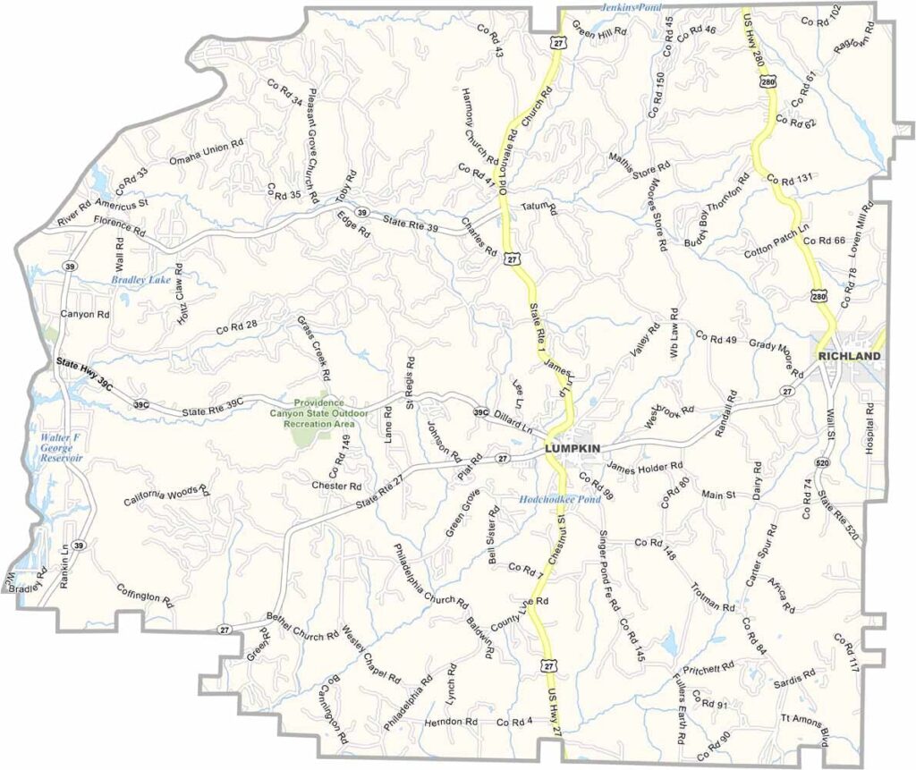 Stewart County map showing towns and roads in Georgia.