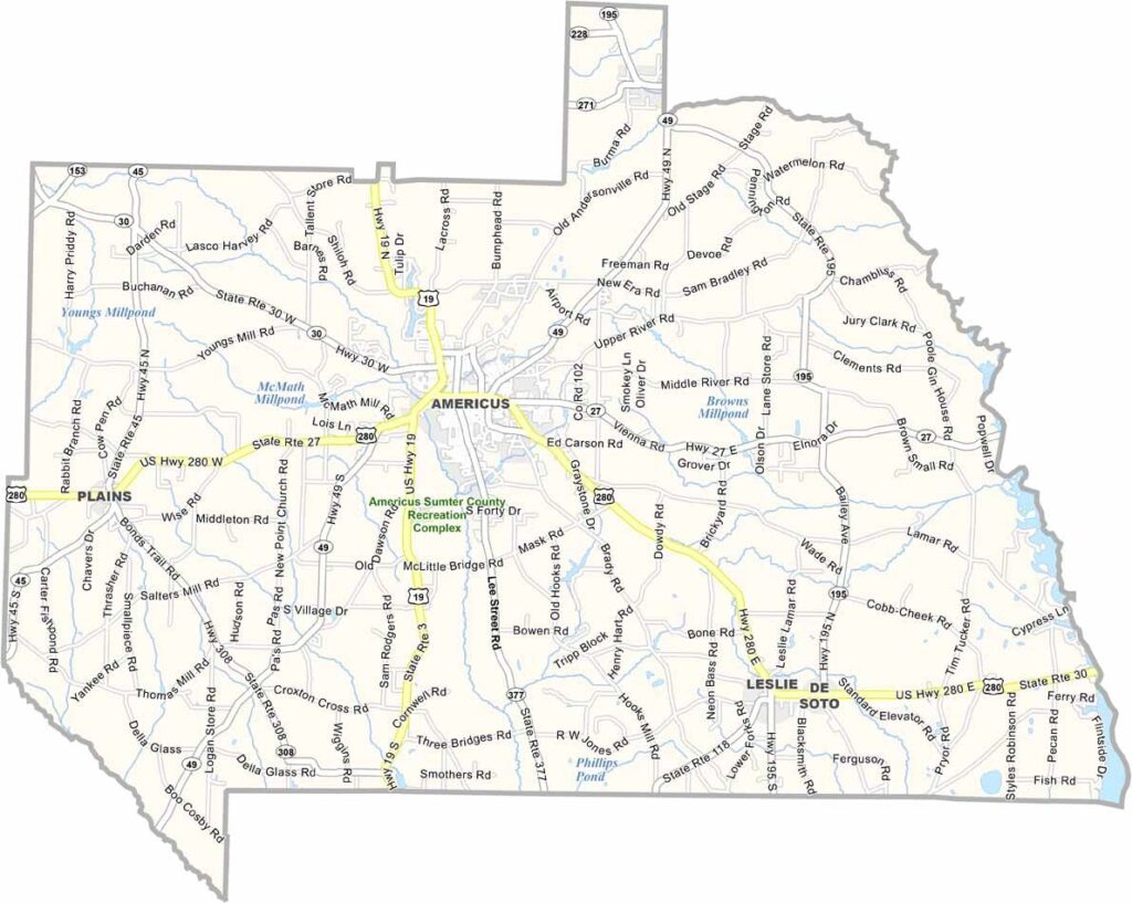 Sumter County map showing towns and roads in Georgia.