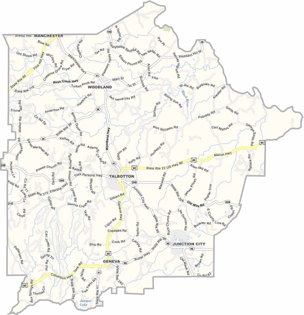 Talbot County map showing towns and roads in Georgia.