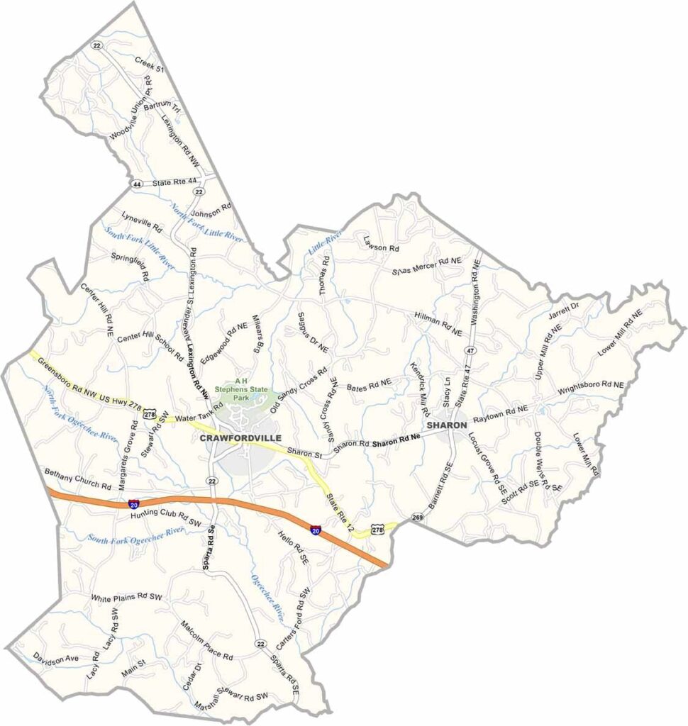 Taliaferro County map showing towns and roads in Georgia.