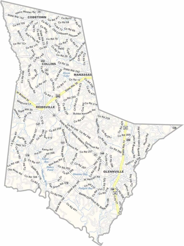 Tattnall County map showing towns and roads in Georgia.