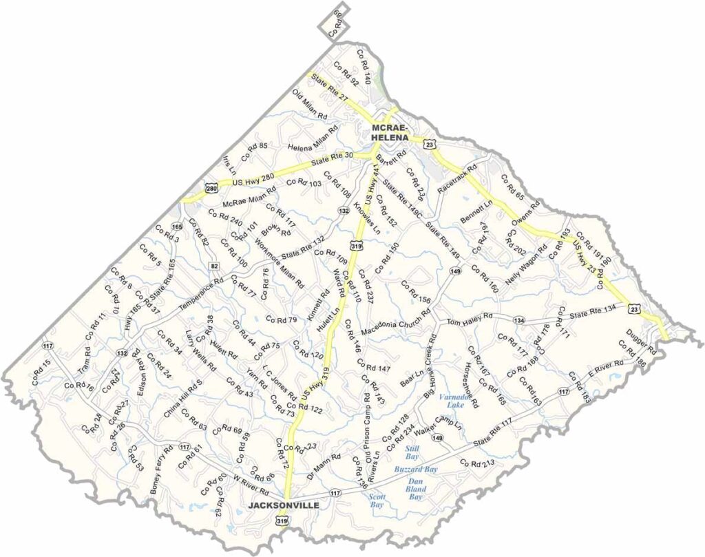 Telfair County map showing towns and roads in Georgia.