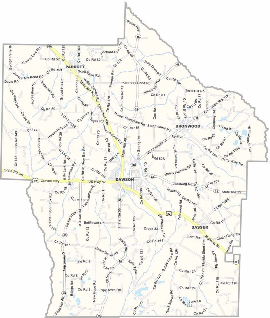 Terrell County map showing towns, roads, and geographic features in Georgia.