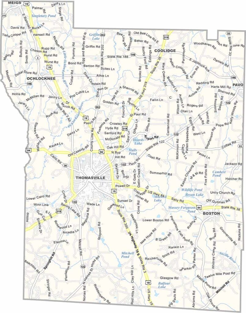 Telfair County map showing towns and roads in Georgia.