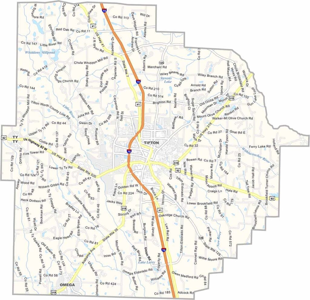 Tift County map showing towns, roads, and geographic features in Georgia.