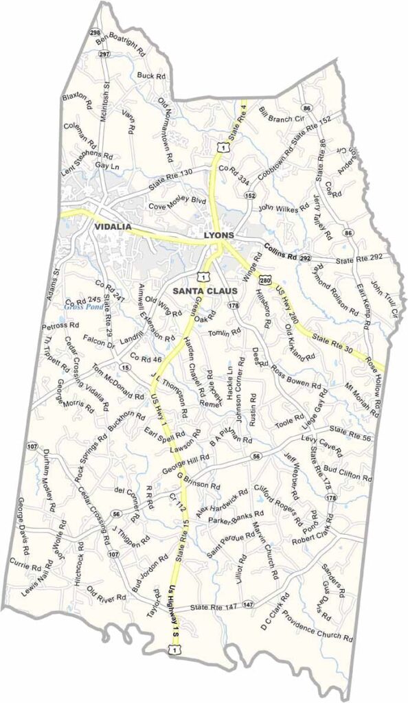 Toombs County map showing towns, roads, and geographic features in Georgia.