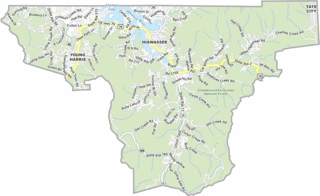 Towns County map showing towns, roads, and geographic features in Georgia.