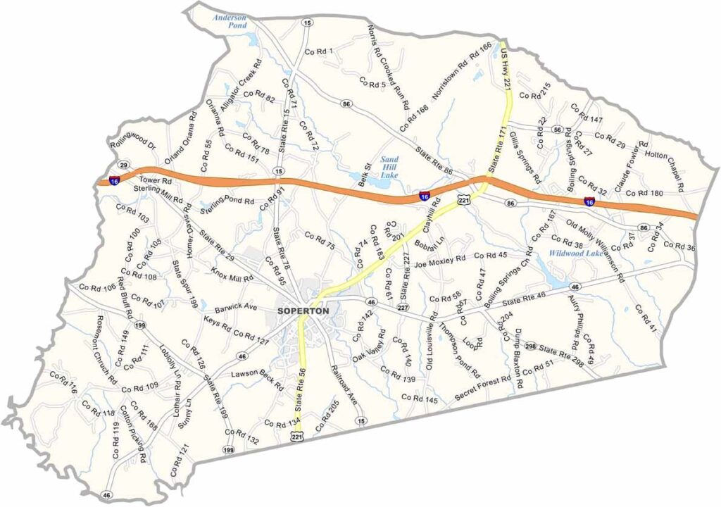 Treutlen County map showing towns, roads, and geographic features in Georgia.