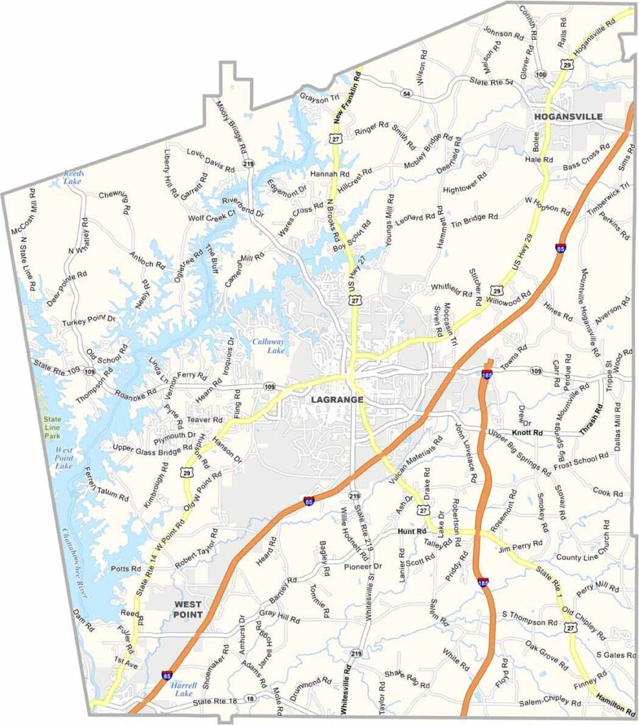 Troup County map showing towns, roads, and geographic features in Georgia.