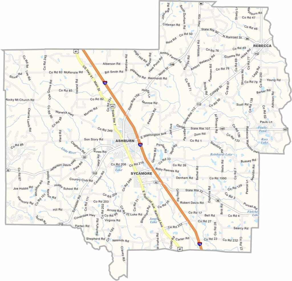 Turner County map showing towns, roads, and geographic features in Georgia.